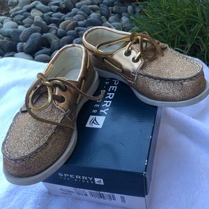 Girls Gold Glitter Sperry Top Side Size 10.5